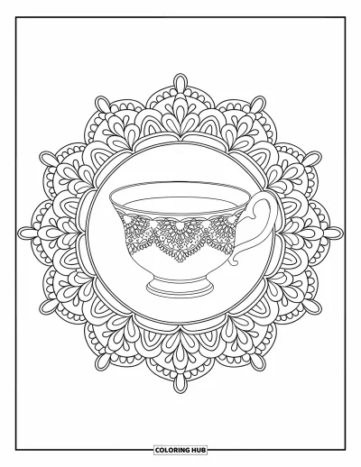 Coloriage de tasse à thé pour adultes : Une délicate tasse en porcelaine ornée de filigrane au centre d'un mandala en dentelle