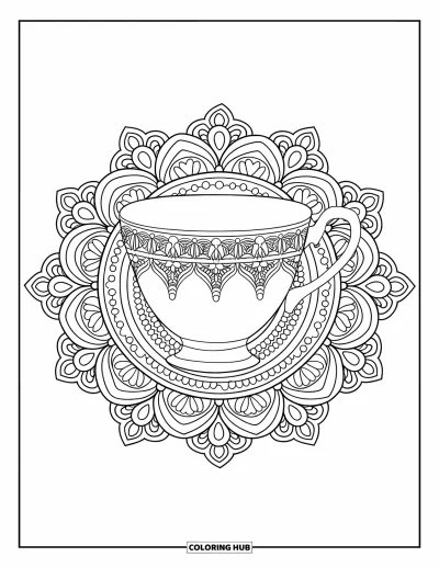 Coloriage de tasse à thé pour adultes : Une tasse raffinée à motifs de filigrane joliment nichée dans un mandala en dentelle