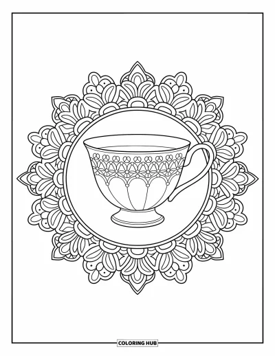 Coloriage de tasse à thé pour adultes : Une tasse en fine porcelaine ornée de filigrane au cœur d'un grand mandala en dentelle pleine page