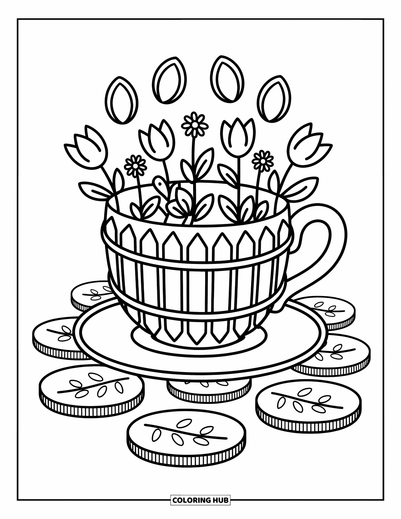 Teacup Coloring Page for Adults: A floral picket fence teacup sits on a saucer with soft leaf stone patterns