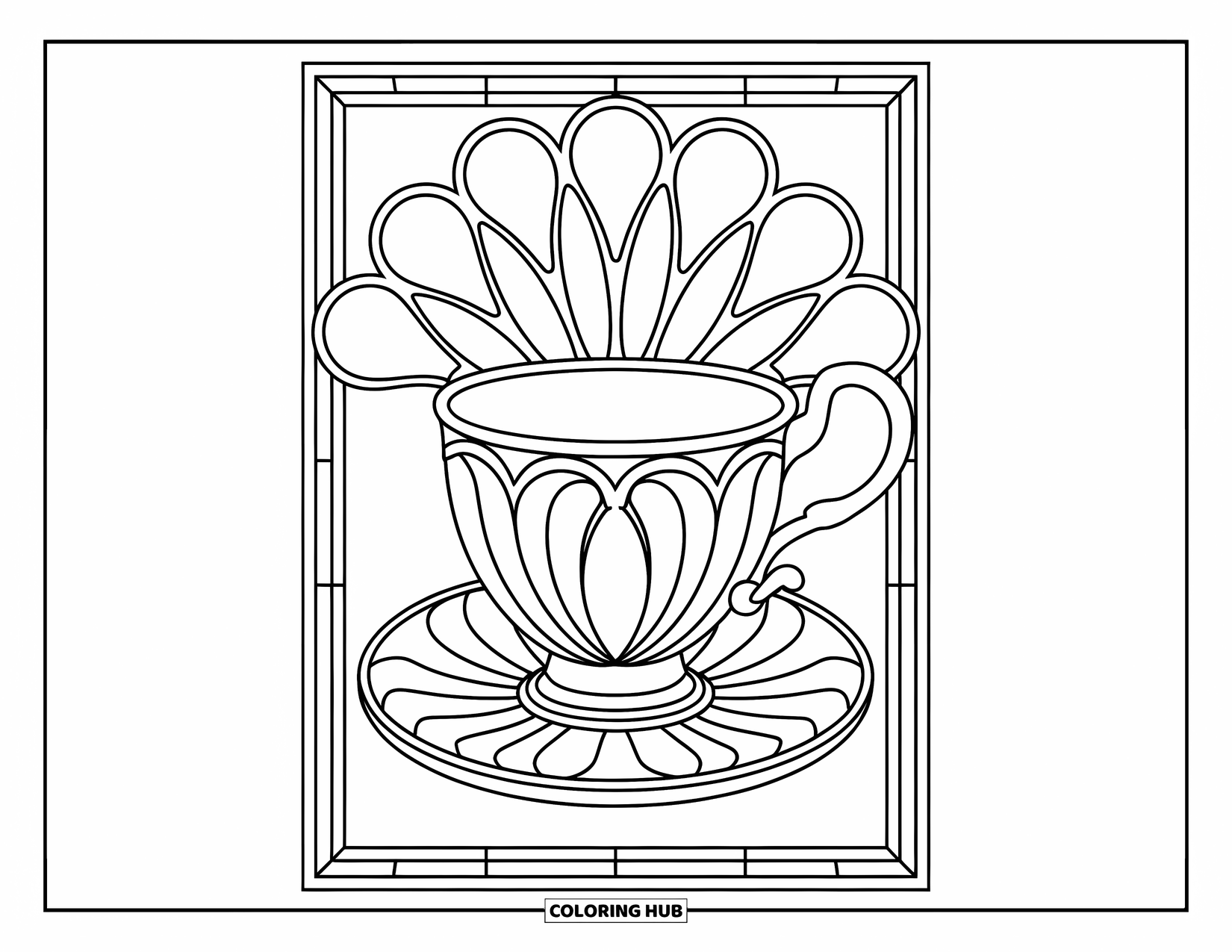 Teacup Coloring Page for Adults: A floral teacup with graceful curves sits in a stained glass-style frame