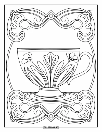 Coloriage de tasse à thé pour adultes : Une tasse à tulipes florales repose dans des motifs tourbillonnants sur fond blanc