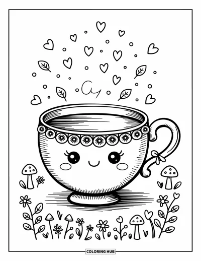 Coloriage de tasse à thé pour adultes : Une tasse à volants et anse en nœud entourée de cœurs et de petits détails charmants