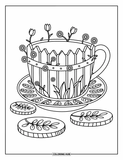 Coloriage de tasse à thé pour adultes : Une tasse de jardin avec des vignes et des fleurs posée sur une soucoupe en forme de pierres