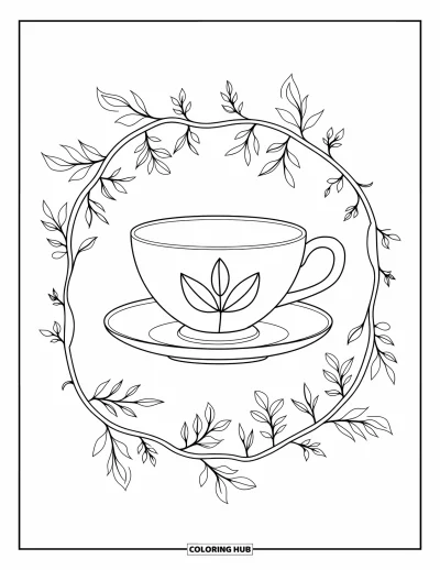 Coloriage de tasse à thé pour adultes : Une tasse minimaliste à motif de feuilles posée sur une soucoupe encadrée de délicates vignes en mandala