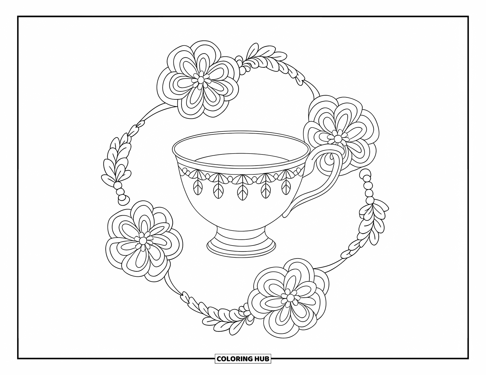 Teacup Coloring Page for Adults: A porcelain teacup with ivy trim is surrounded by swirling floral mandalas