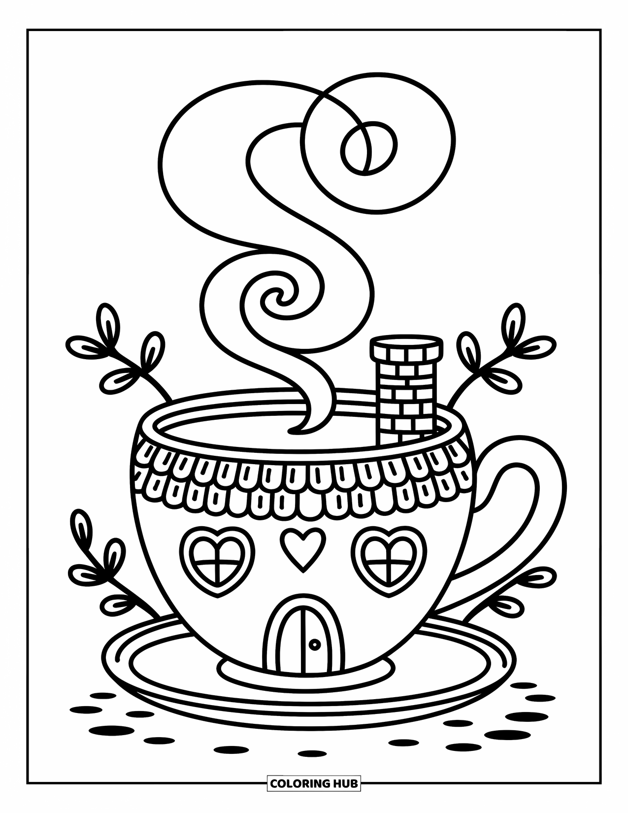 Teacup Coloring Page for Adults: A round teacup-cottage with leafy vines and chimney steam looks snug and magical