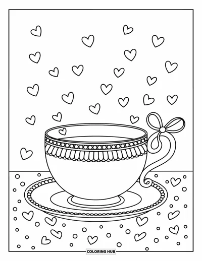 Coloriage de tasse à thé pour adultes : Une tasse ronde à bordure fleurie et anse en nœud entourée de petits cœurs flottants