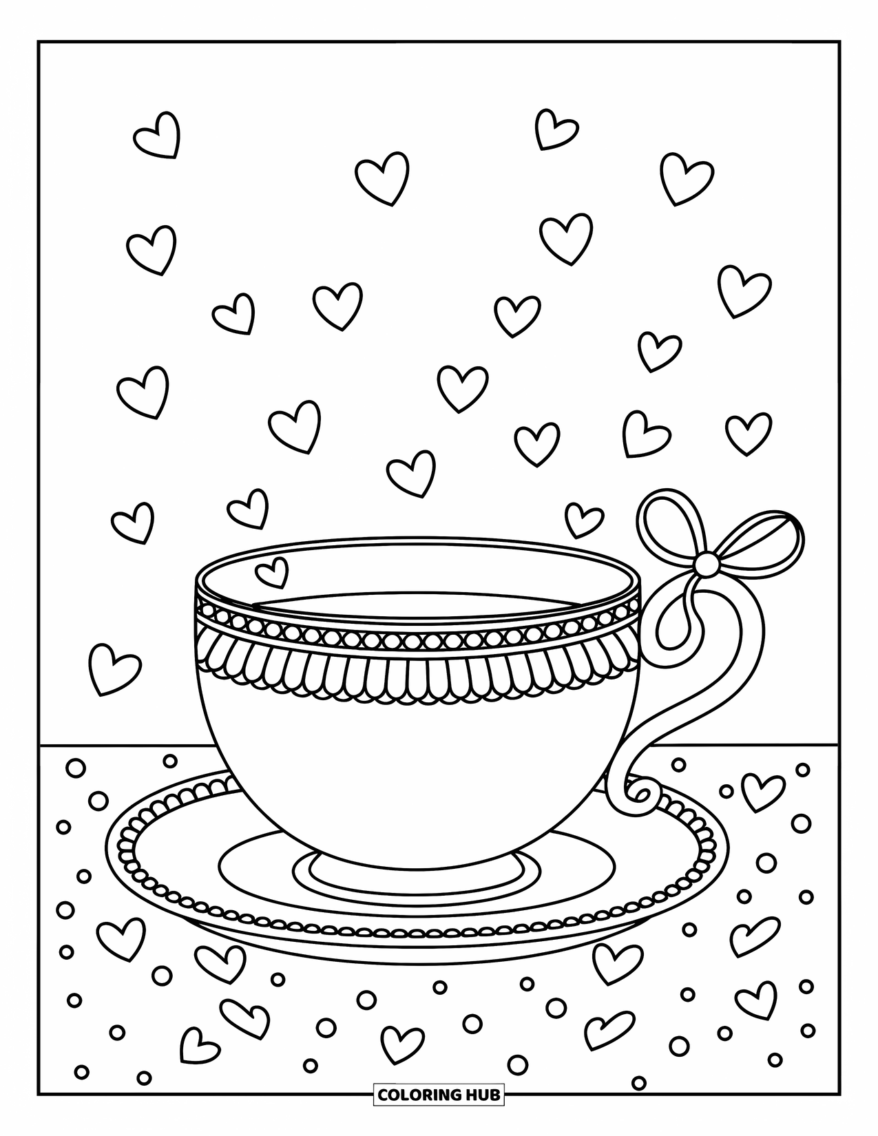 Teacup Coloring Page for Adults: A round teacup with floral trim and a bow handle is surrounded by floating hearts