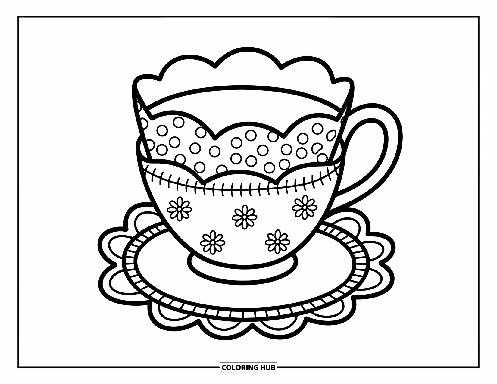 Teacup Coloring Page for Adults: A scalloped teacup features polka dots and flowers, resting on a round doily