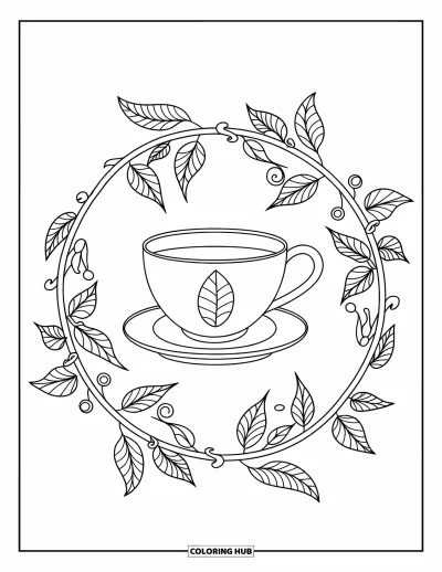 Coloriage de tasse à thé pour adultes : Une tasse simple à motifs de feuilles entourée d'un doux mandala de vignes botaniques