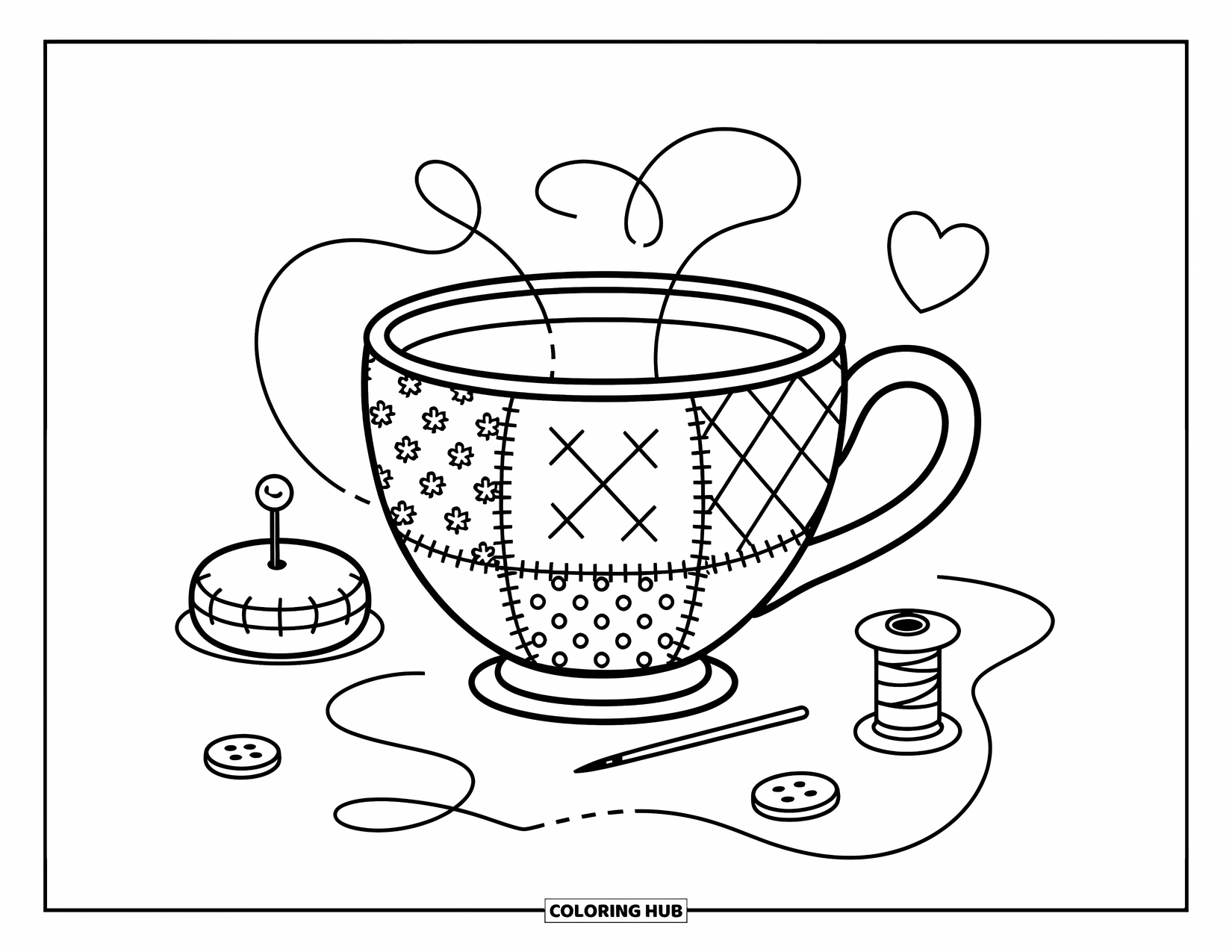 Teacup Coloring Page for Adults: A stitched teacup is surrounded by cute sewing tools and soft, cozy doodles