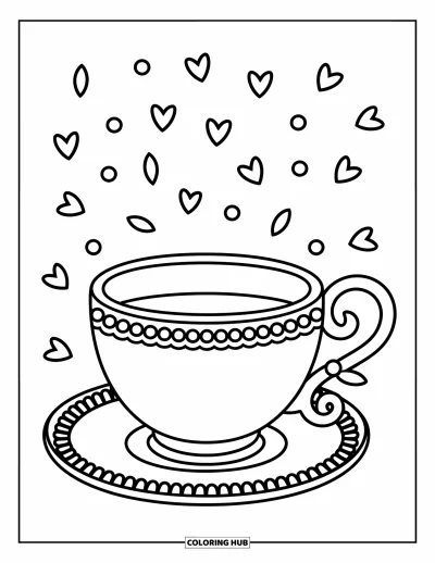 Coloriage de tasse à thé pour adultes : Une tasse à bordure fleurie et anse en nœud parsemée de pétales et de petits cœurs