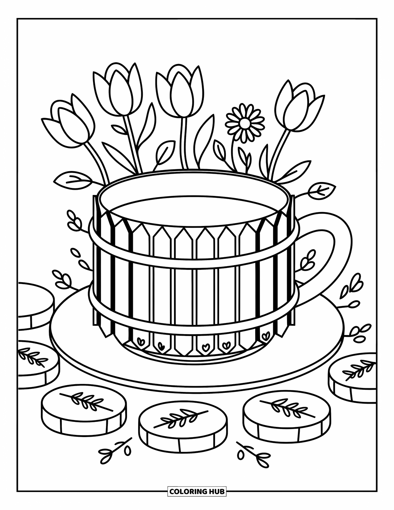 Teacup Coloring Page for Adults: A teacup with fence-like sides is surrounded by tulips, vines, and leafy stepping stones