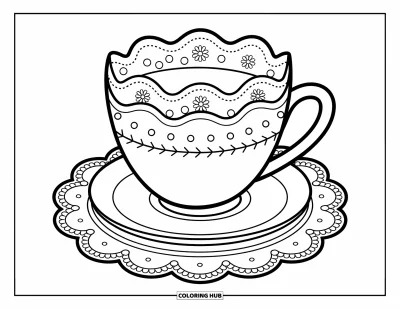 Coloriage de tasse à thé pour adultes : Une tasse à niveaux festonnés et ornements repose sur un napperon dans une atmosphère chaleureuse