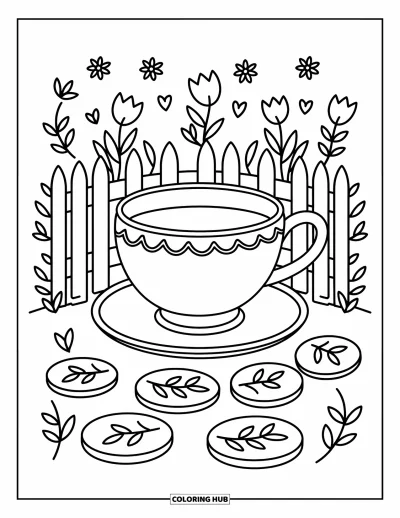 Coloriage de tasse à thé pour adultes : Une tasse entourée d'une clôture laisse entrevoir des fleurs et des vignes