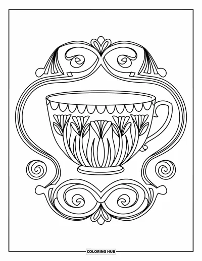 Coloriage de tasse à thé pour adultes : Une tasse en forme de tulipe aux gravures florales nichée dans de beaux motifs tourbillonnants