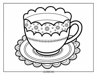 Coloriage de tasse à thé pour adultes : Une tasse fantaisiste aux motifs délicats et un napperon créent une ambiance douce et chaleureuse