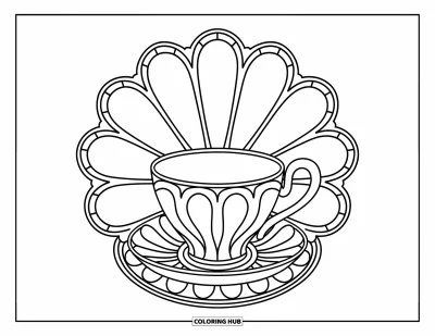 Coloriage de tasse à thé pour adultes : Une tasse élégante aux courbes artistiques nichée dans des pétales façon vitrail
