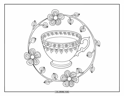 Coloriage de tasse à thé pour adultes : Une tasse à rebord de lierre entourée de mandalas floraux ondoyants