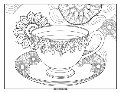 Coloriage de tasse à thé pour adultes : Une tasse à rebord de lierre entourée de doux mandalas floraux sur fond blanc