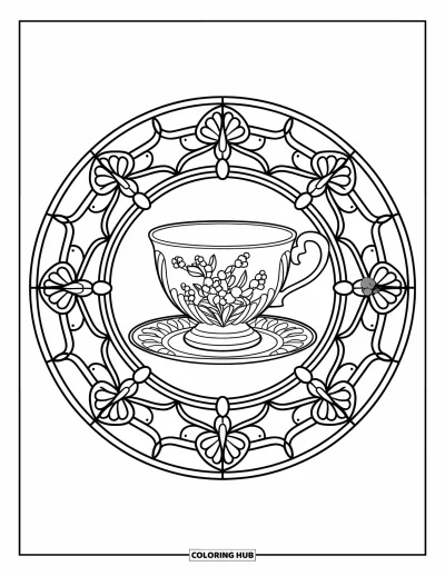 Coloriage de tasse à thé pour adultes : Une tasse ornée aux détails floraux au cœur d'un mandala façon vitrail