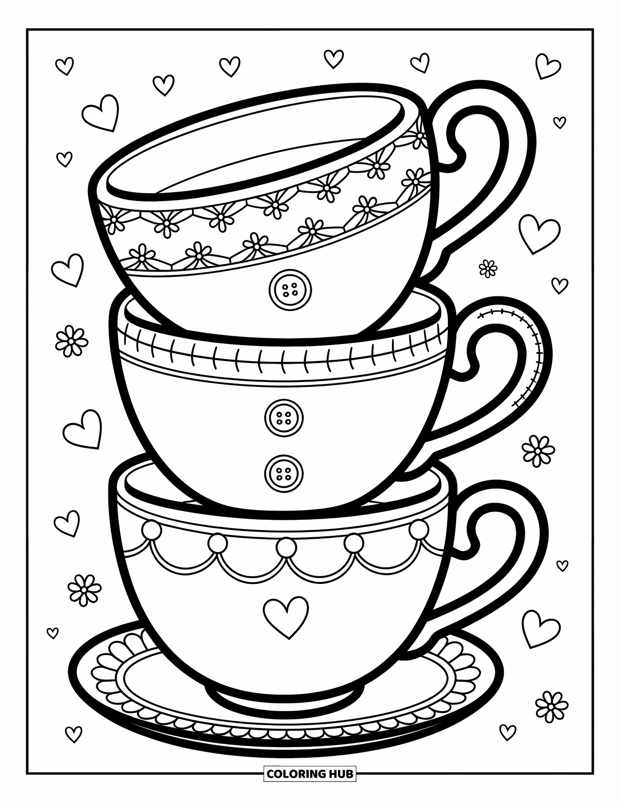 Teacup Coloring Page for Adults: Three stacked teacups show lace, buttons, and hearts in a sweet and cozy design