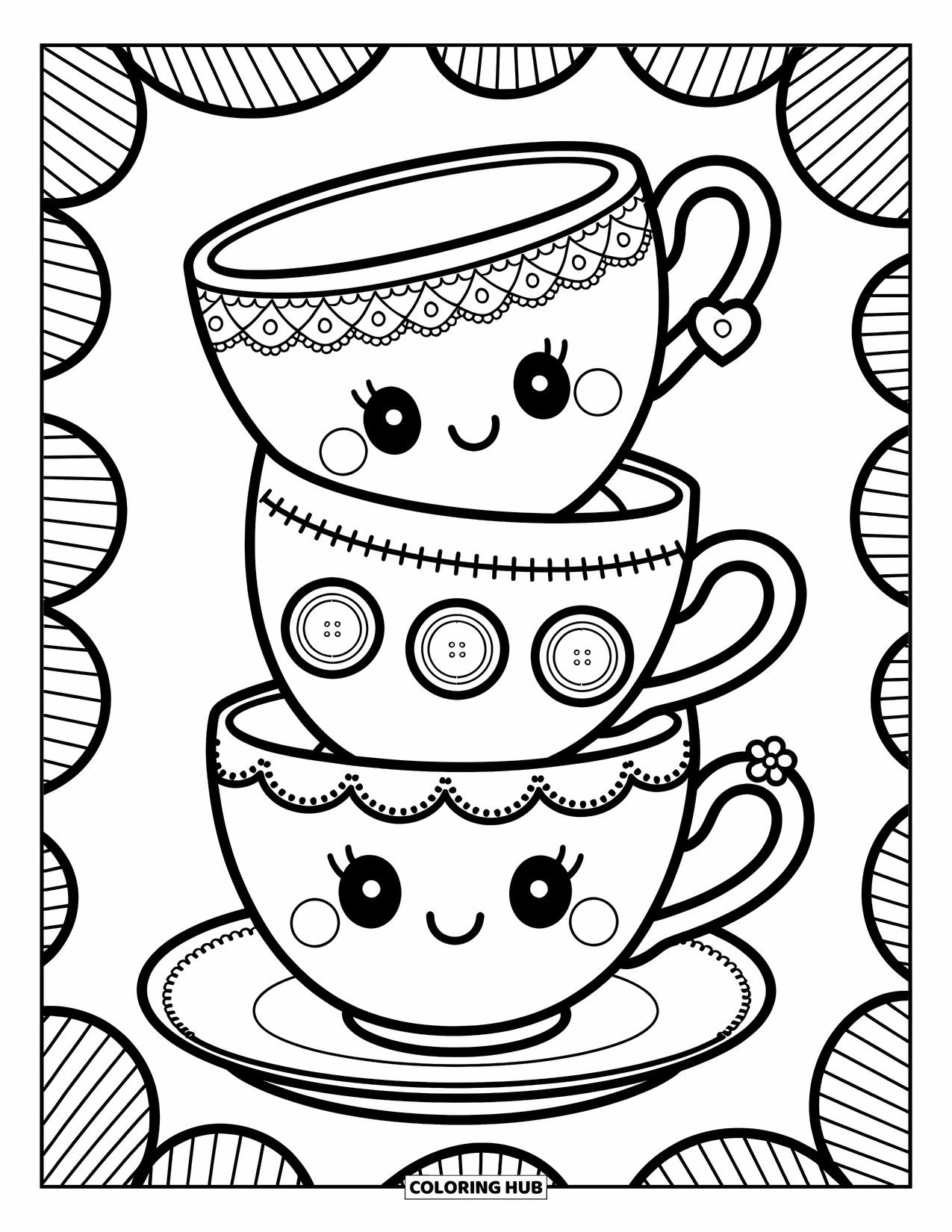Teacup Coloring Page for Adults: Three teacups with hearts, lace, and scallops stack up in a cozy little tower