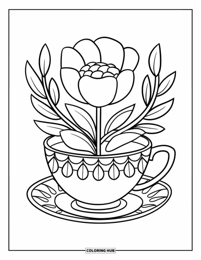 Coloriage de tasse à thé pour enfants : Tasse ornée de grandes fleurs avec des contours nets