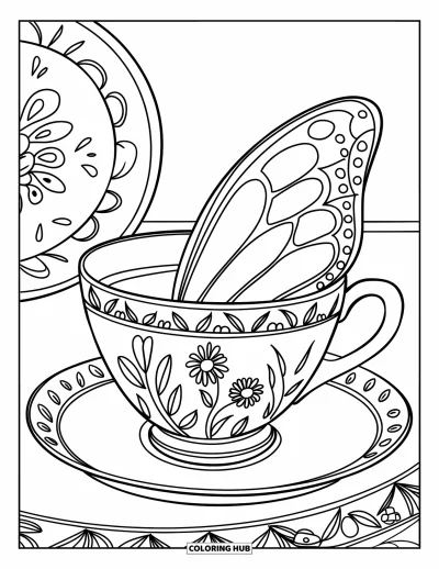 Coloriage de tasse à thé pour enfants : Tasse à rebord orné de papillons avec une assiette fleurie sur fond blanc
