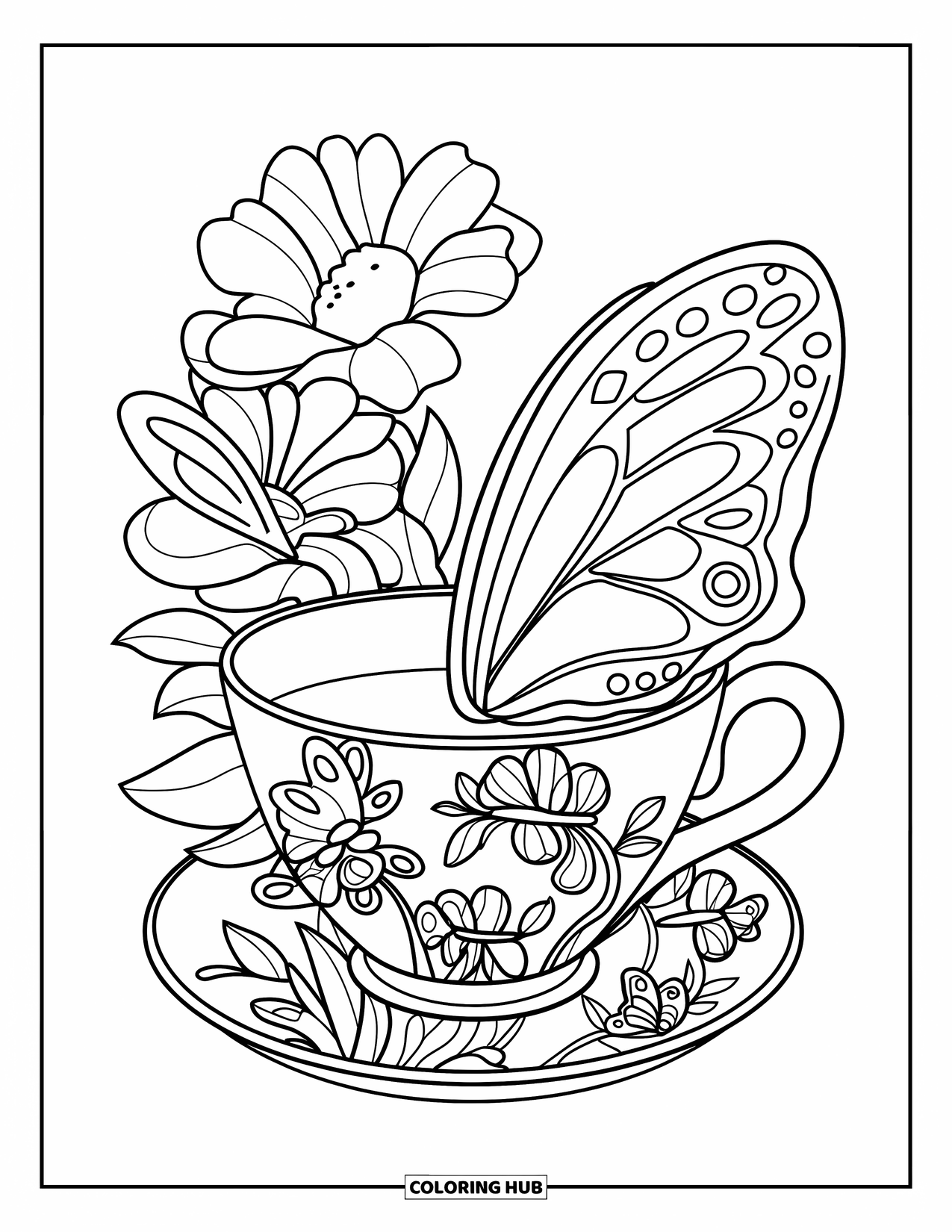 Teacup Coloring Page for Kids: Butterfly rim teacup with flowers and butterfly accents