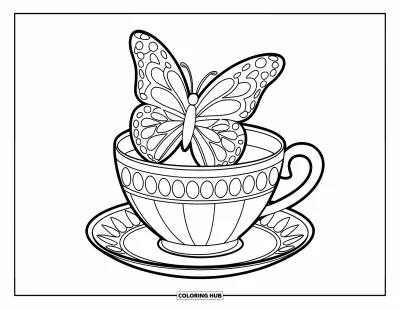 Coloriage de tasse à thé pour enfants : Tasse à rebord de papillons avec un arrière-plan simple