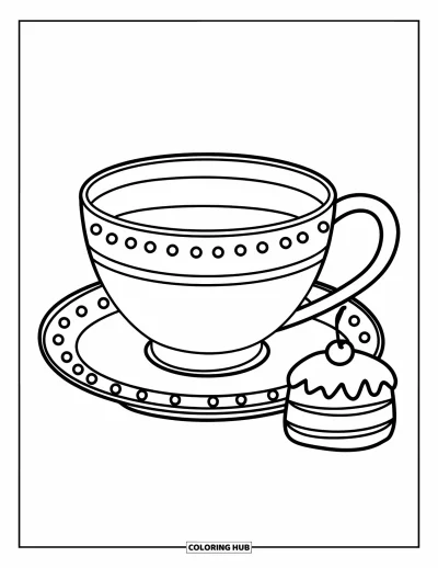Coloriage de tasse à thé pour enfants : Tasse festonnée à pois à côté d'un petit gâteau avec une cerise