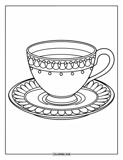 Coloriage de tasse à thé pour enfants : Tasse à pois sur soucoupe fleurie avec une petite assiette sur le côté