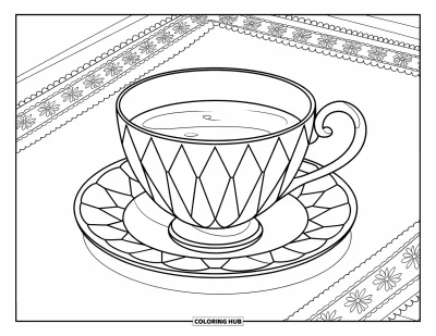 Coloriage de tasse à thé pour enfants : Tasse à facettes sur soucoupe fleurie et napperon en dentelle