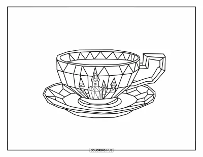Coloriage de tasse à thé pour enfants : Tasse aux facettes cristallines reflétant une scène de château