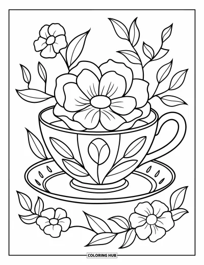 Coloriage de tasse à thé pour enfants : Tasse fleurie sur soucoupe avec des fleurs et des feuilles en arrière-plan