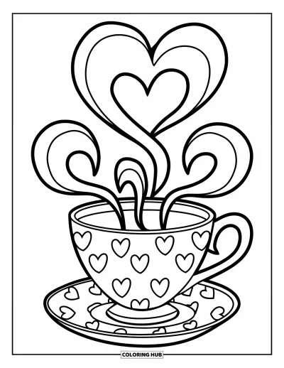 Coloriage de tasse à thé pour enfants : Tasse à motifs de cœurs avec une vapeur tourbillonnante bien visible