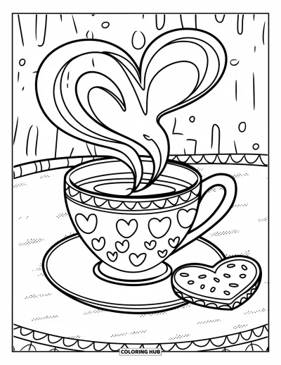 Coloriage de tasse à thé pour enfants : Tasse en forme de cœur avec un biscuit et des tourbillons ludiques