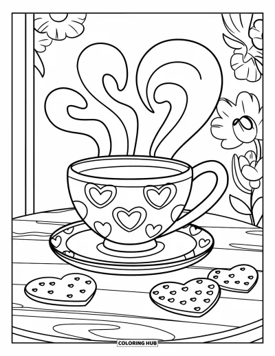 Coloriage de tasse à thé pour enfants : Tasse en forme de cœur avec des biscuits et des tourbillons sur une table en bois