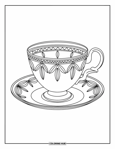 Coloriage de tasse à thé pour enfants : Tasse vintage à bordure de dentelle sur soucoupe
