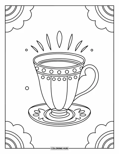 Coloriage de tasse à thé pour enfants : Grande tasse minimaliste avec des accents de lignes sur fond blanc