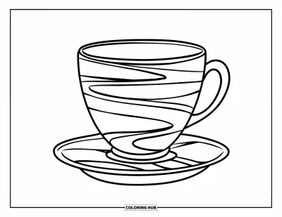 Coloriage de tasse à thé pour enfants : Tasse ronde aux lignes ondulées bien marquées sur une soucoupe