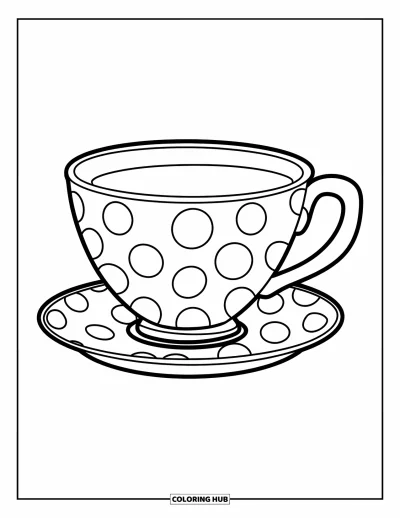 Coloriage de tasse à thé pour enfants : Tasse simple à pois avec de grosses anses sur une soucoupe