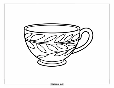Coloriage de tasse à thé pour enfants : Tasse simple gravée de motifs de feuilles avec des contours bien marqués