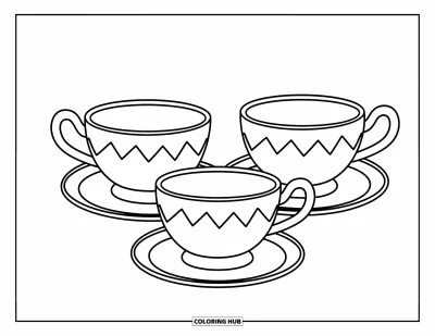 Coloriage de tasse à thé pour enfants : Tasses simples en zigzag avec un style chaleureux pour les maternelles