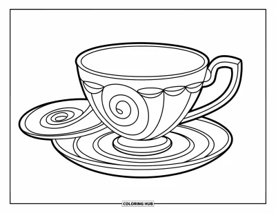 Coloriage de tasse à thé pour enfants : Tasse spiralée sur soucoupe avec une assiette assortie