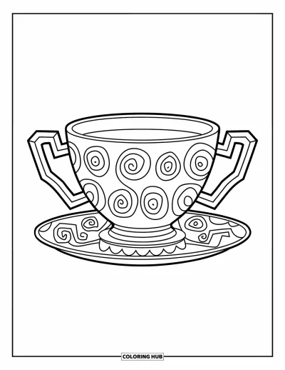 Coloriage de tasse à thé pour enfants : Tasse à base carrée avec des spirales sur une soucoupe assortie