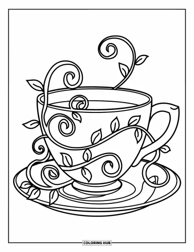 Coloriage de tasse à thé pour enfants : Tasse ornée de vignes tourbillonnantes aux contours bien marqués sur fond blanc