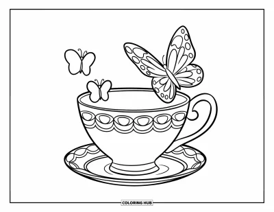 Coloriage de tasse à thé pour enfants : Tasse avec un papillon aux contours bien marqués sur une soucoupe
